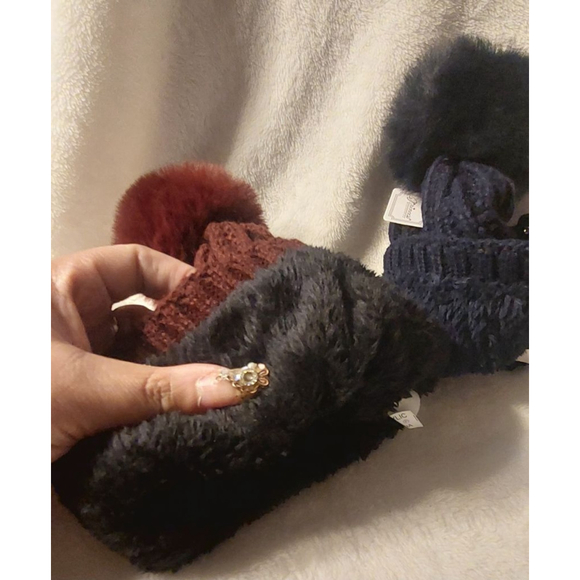 2 Beanies- Burgundy & Navy with Faux Fur Pom - Picture 5 of 6